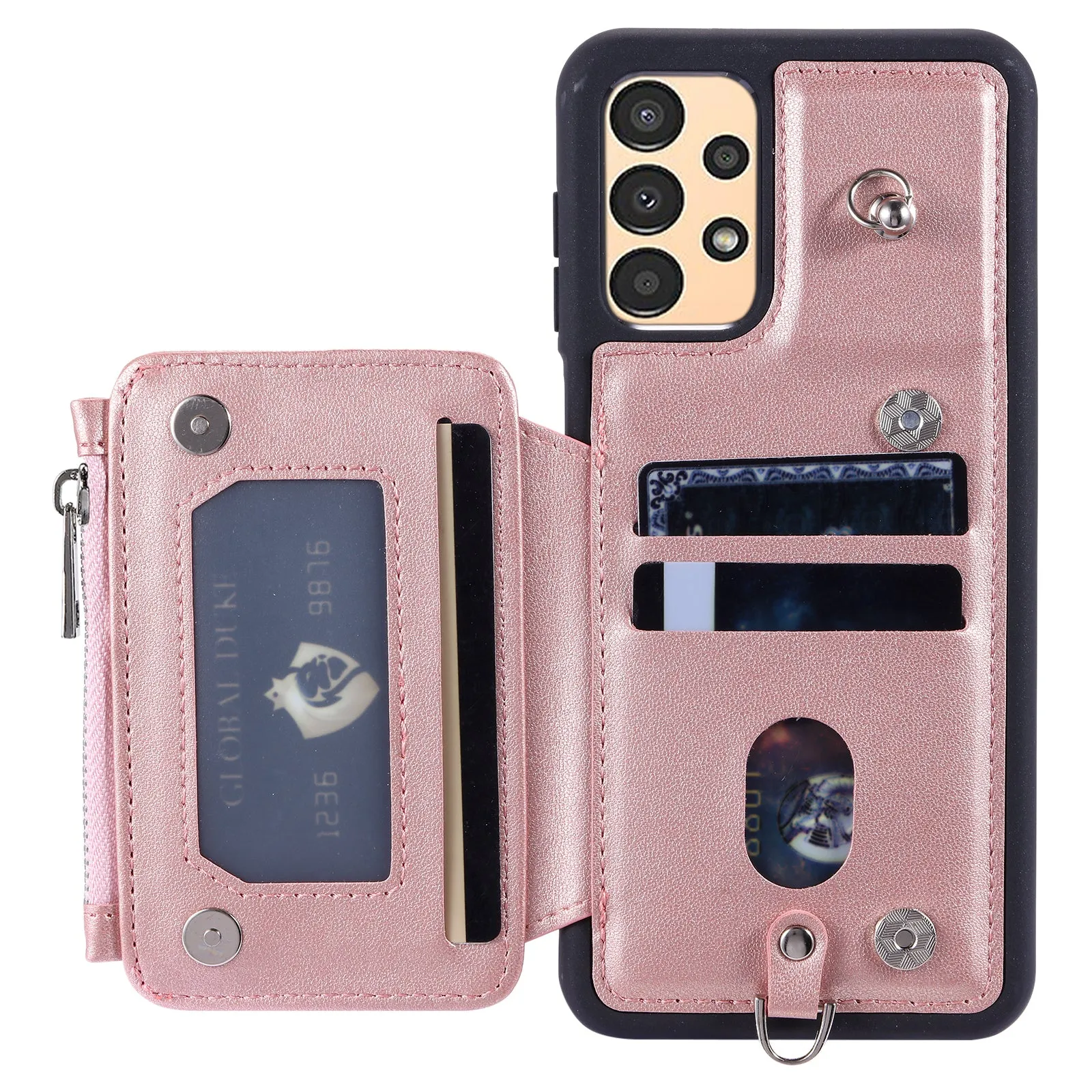 009 For Samsung Galaxy A13 4G / 5G RFID Blocking Zipper Wallet Case PU Leather Coated TPU Kickstand Phone Cover with Straps