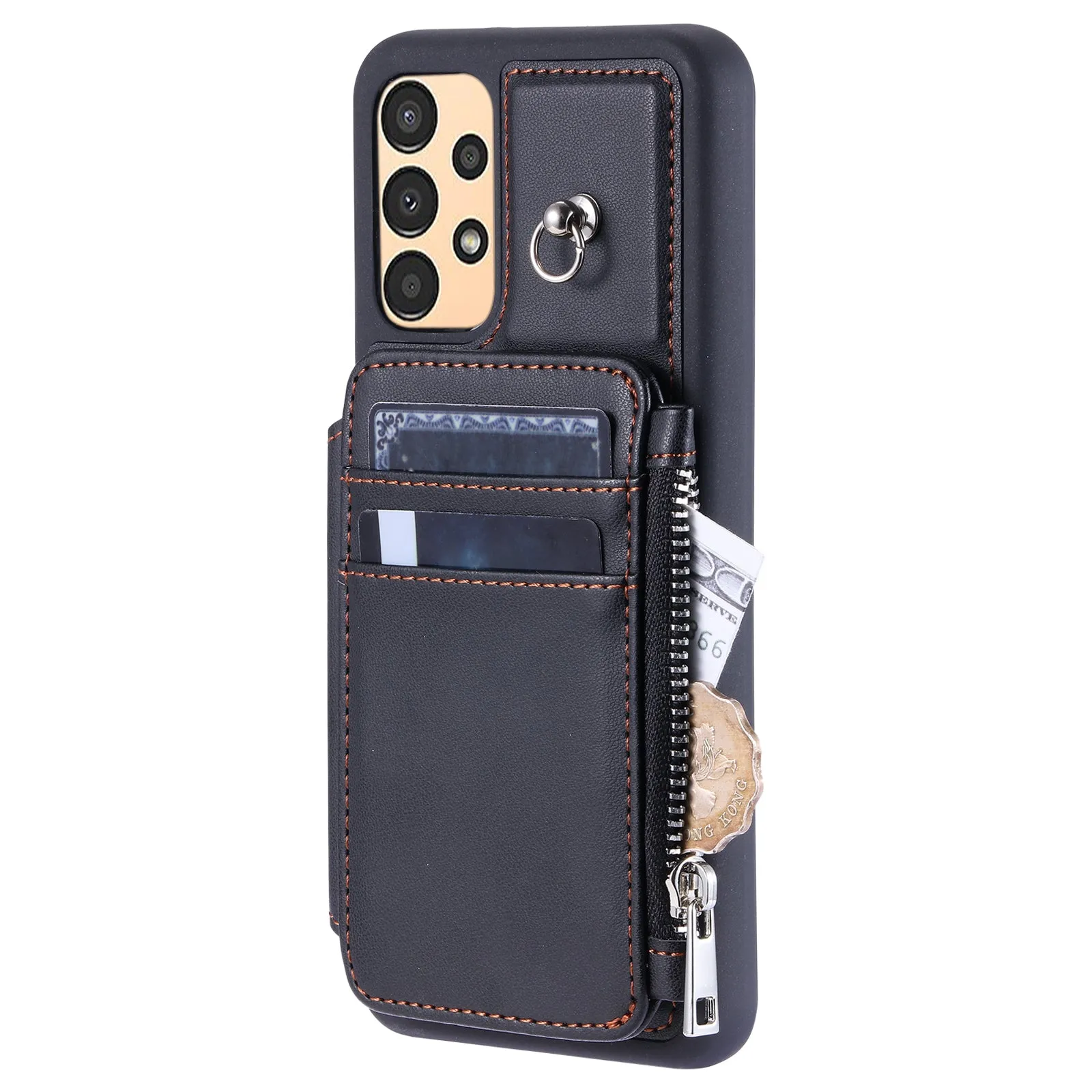 009 For Samsung Galaxy A13 4G / 5G RFID Blocking Zipper Wallet Case PU Leather Coated TPU Kickstand Phone Cover with Straps