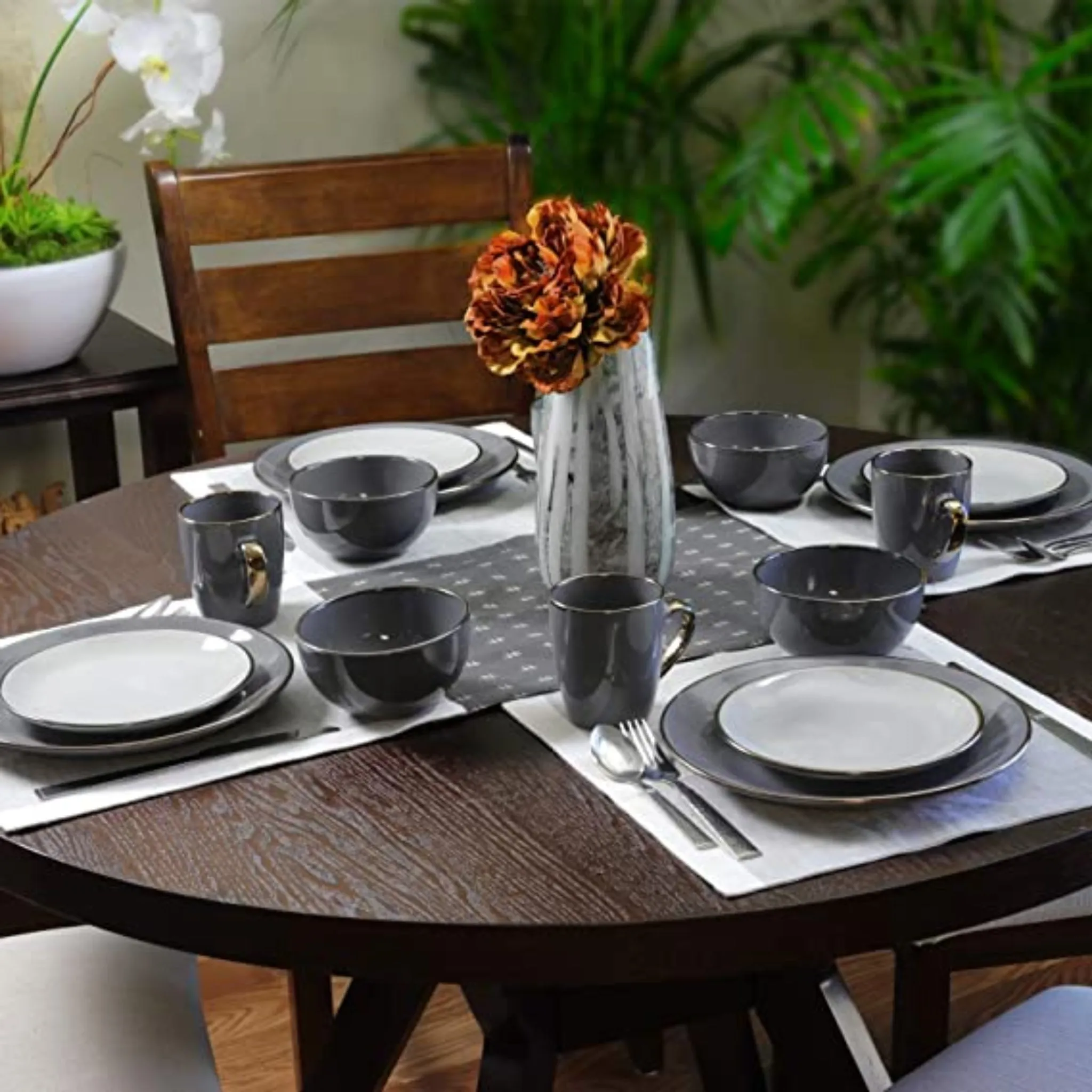 16 Piece Tahitian Grand Luxurious Stoneware Dinnerware Set with Complete Setting for 4 - Stone & Slate