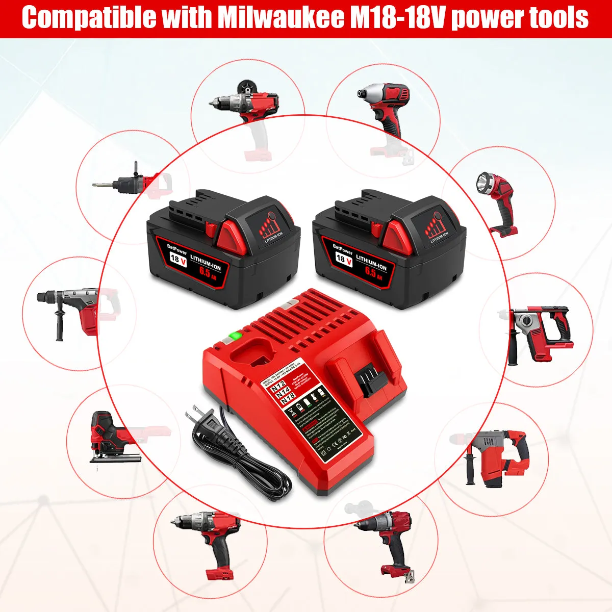 18V 9.0AH 48-11-1890 High Output Battery with Charger Combo Replacement for Milwaukee 18V M18 Battery and Charger 18V Lithium Battery and Charger Kit