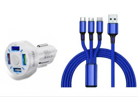 4 Port LED Car Charger   3 in 1 Cable Combo Blue