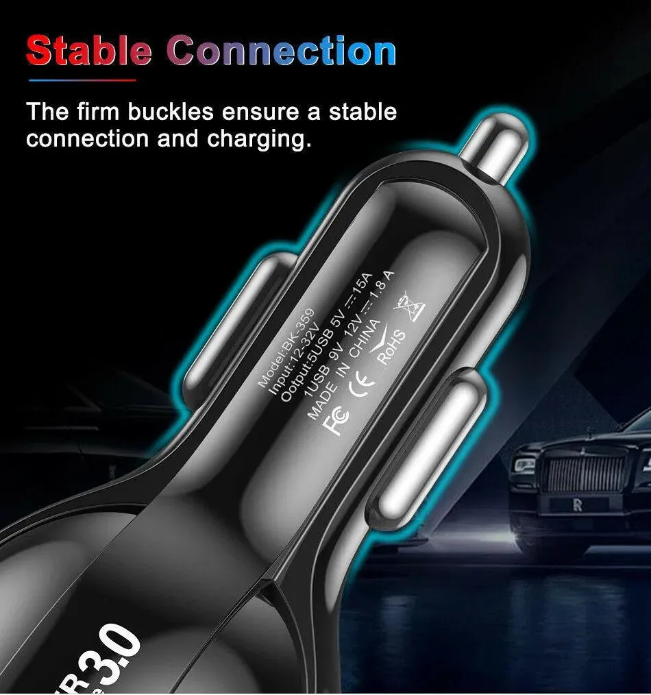 4 Port LED Car Charger   3 in 1 Cable Combo Red