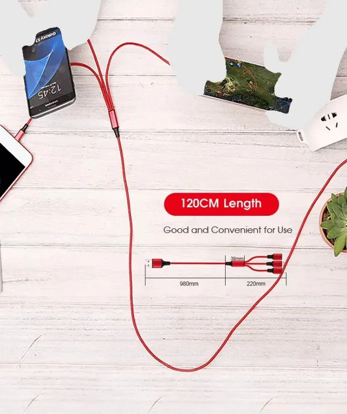 4 Port LED Car Charger   3 in 1 Cable Combo Red