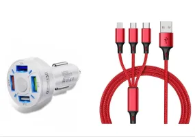 4 Port LED Car Charger   3 in 1 Cable Combo Red