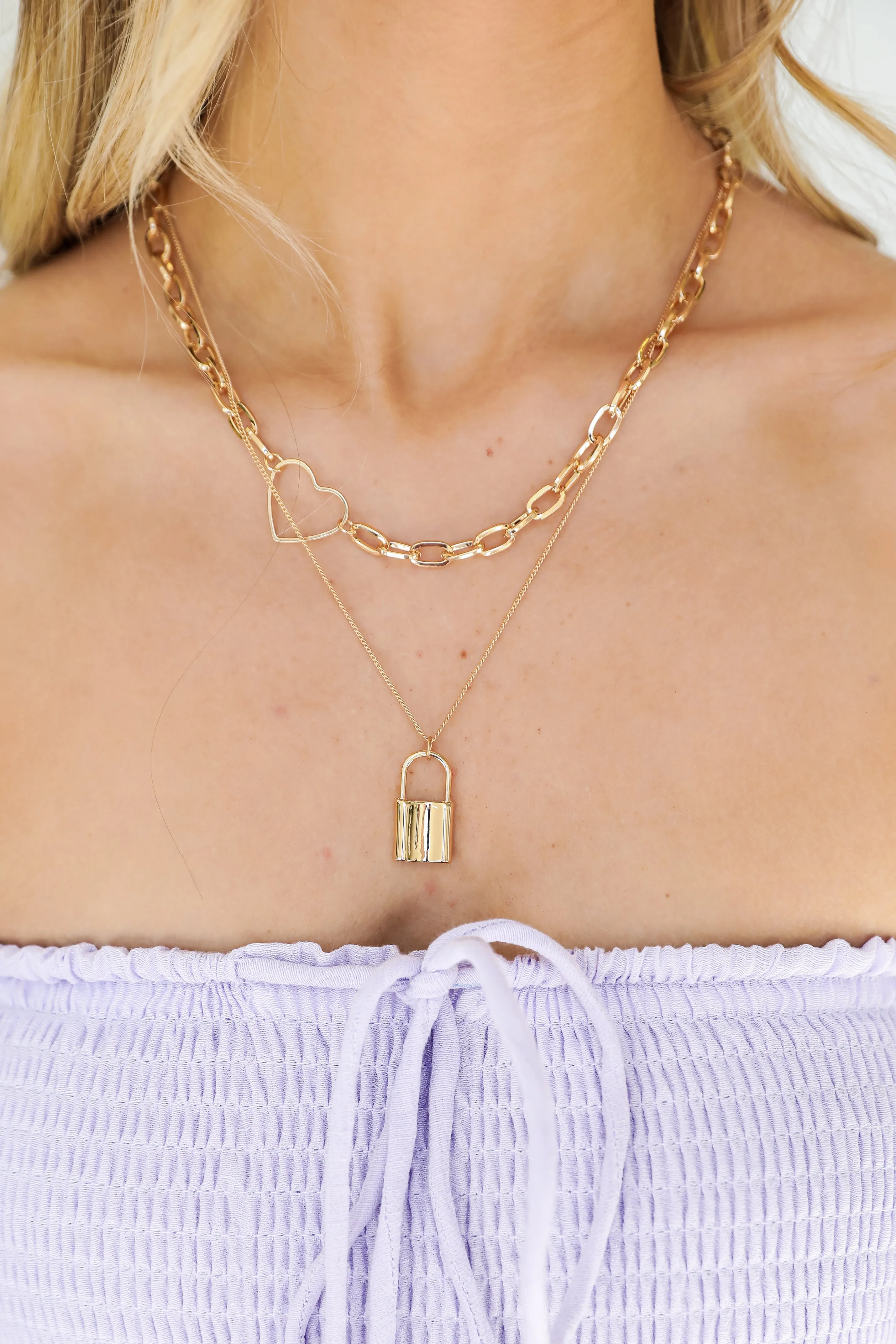 Alice Gold Heart   Lock Layered Necklace