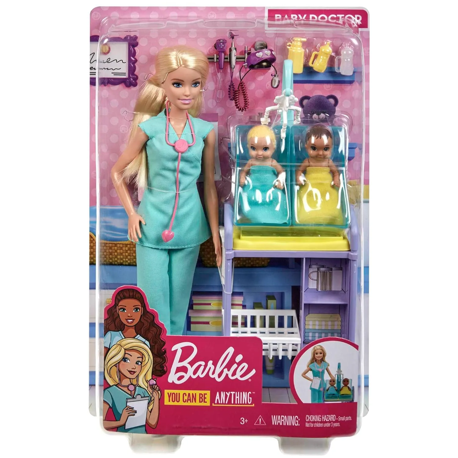 Barbie Baby Doctor Playset with Blonde Doll, 2 Infant Dolls, Exam Table and Accessories, Stethoscope, Chart and Mobile for Ages 3 and Up