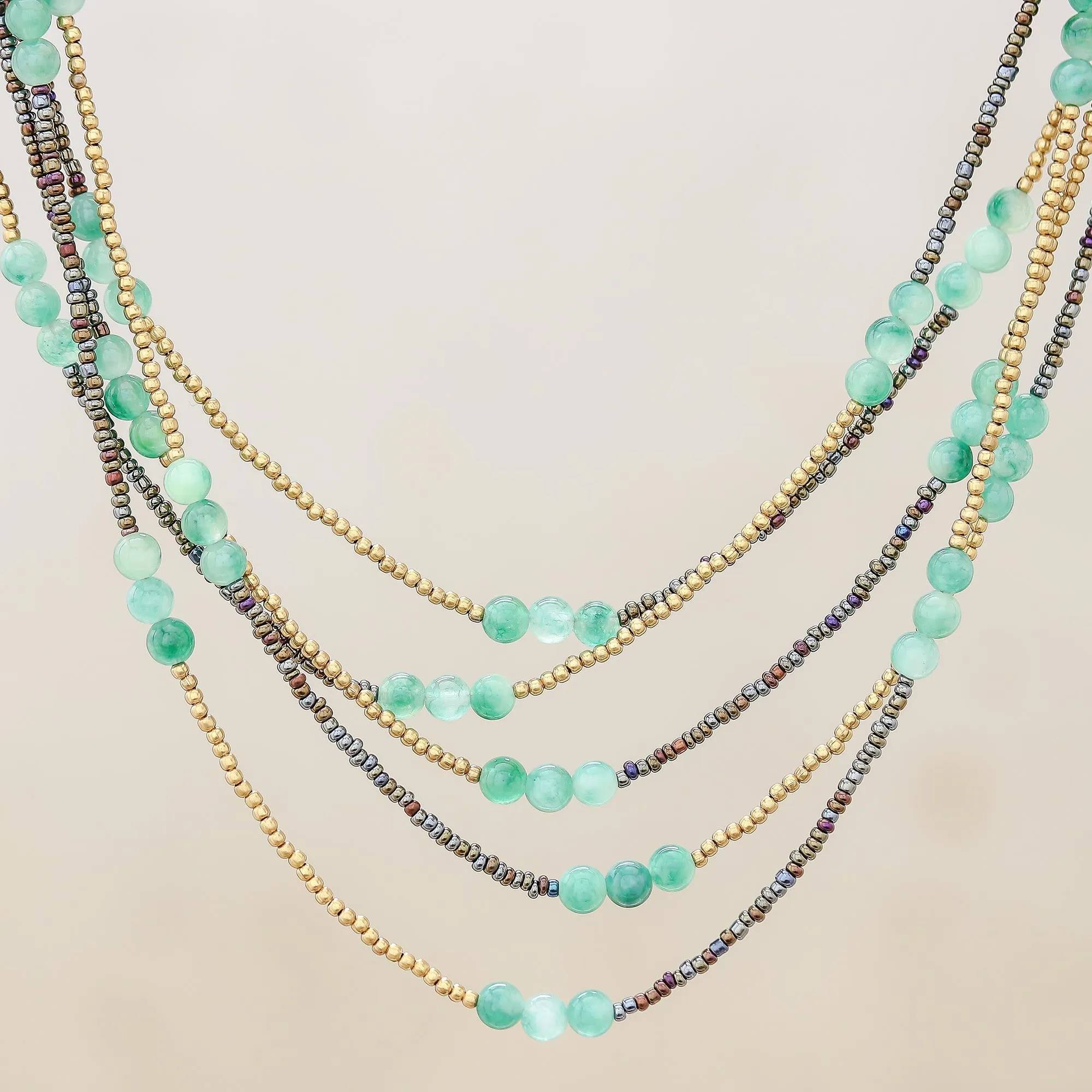 Boho Elegance in Green Green Quartz Beaded Strand Necklace from Thailand