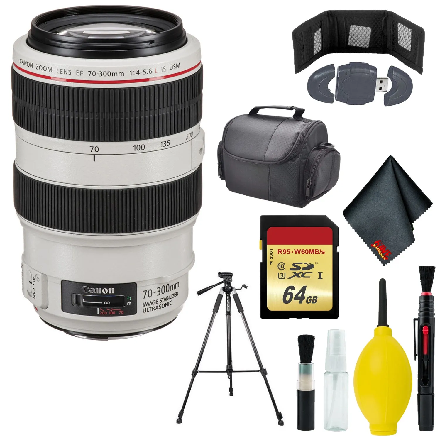 Canon EF 70-300mm f/4-5.6L IS USM Lens - Cleaning Kit - Memory Card Wallet & Reader - 64GB - CASE - 72" Tripod