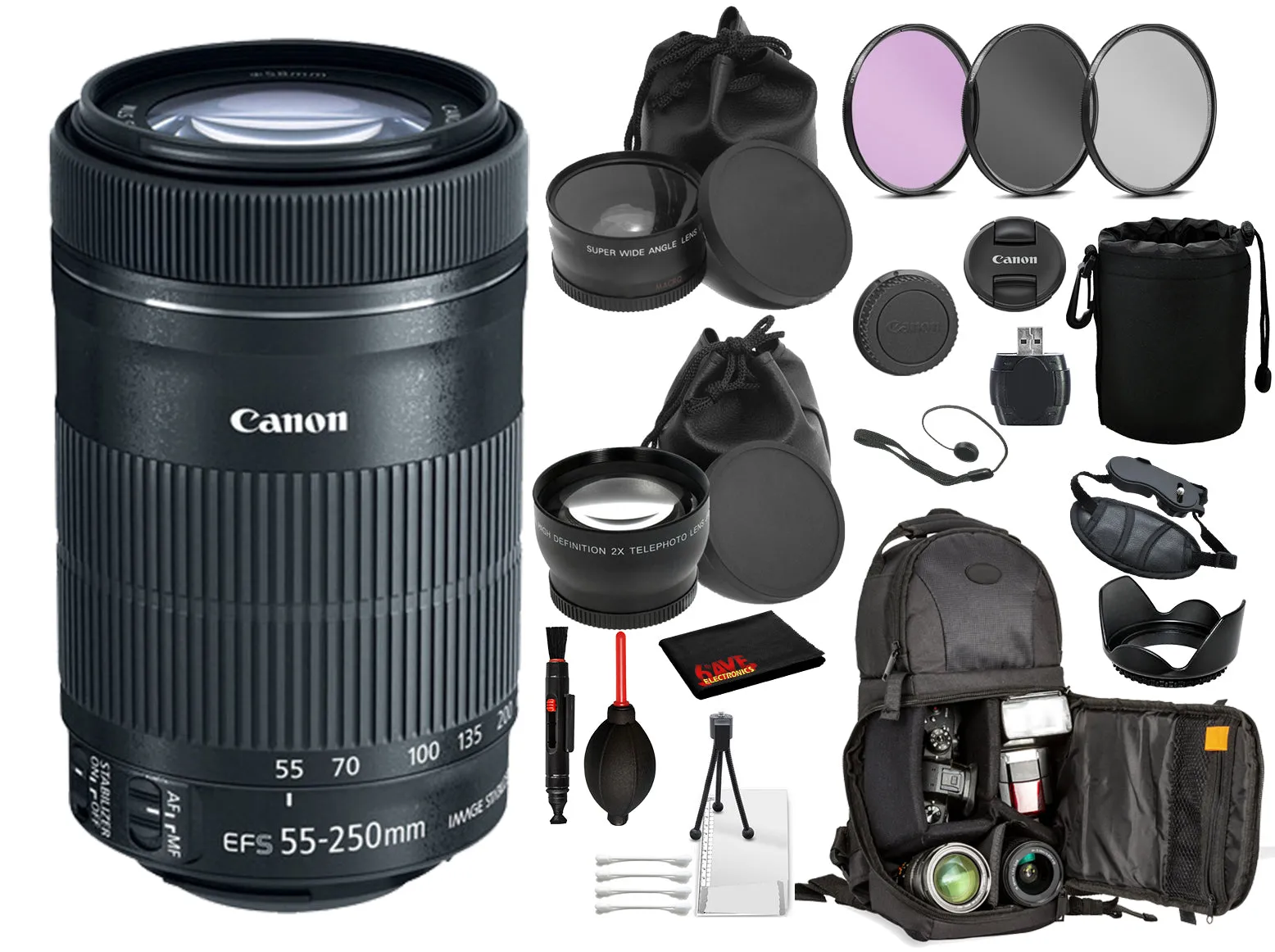 Canon EF-S 55-250mm f/4-5.6 IS STM Lens (8546B002) Lens with Bundle includes- 3pc Filters   DSLR Sling Backpack   More