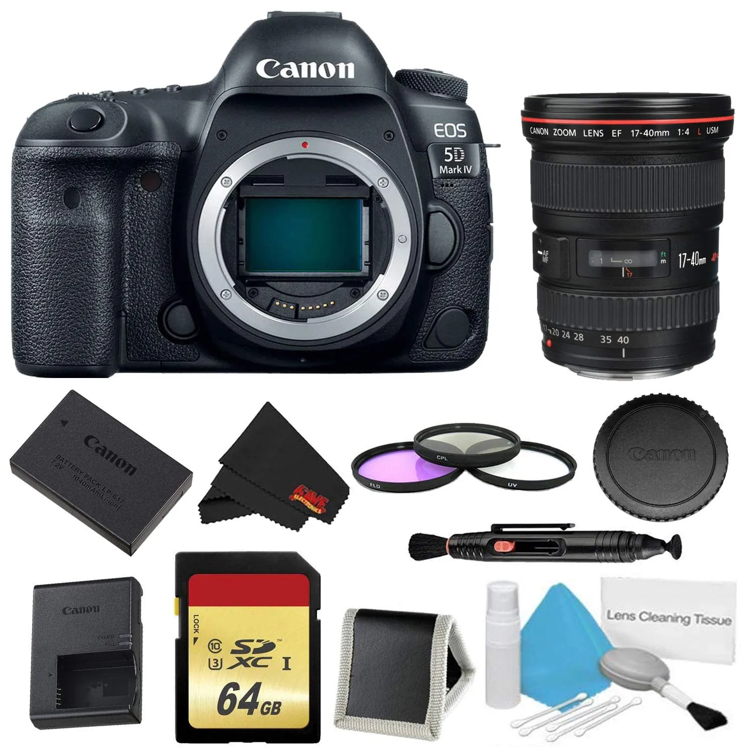 Canon EOS 5D Mark IV DSLR Camera (Body Only) 3 Piece Filter   Memory Kit w/ 17-40mm 4.0 USM L Lens - International Model