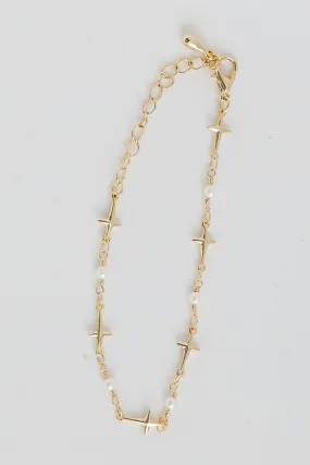 Charlotte Gold Cross   Pearl Chain Bracelet