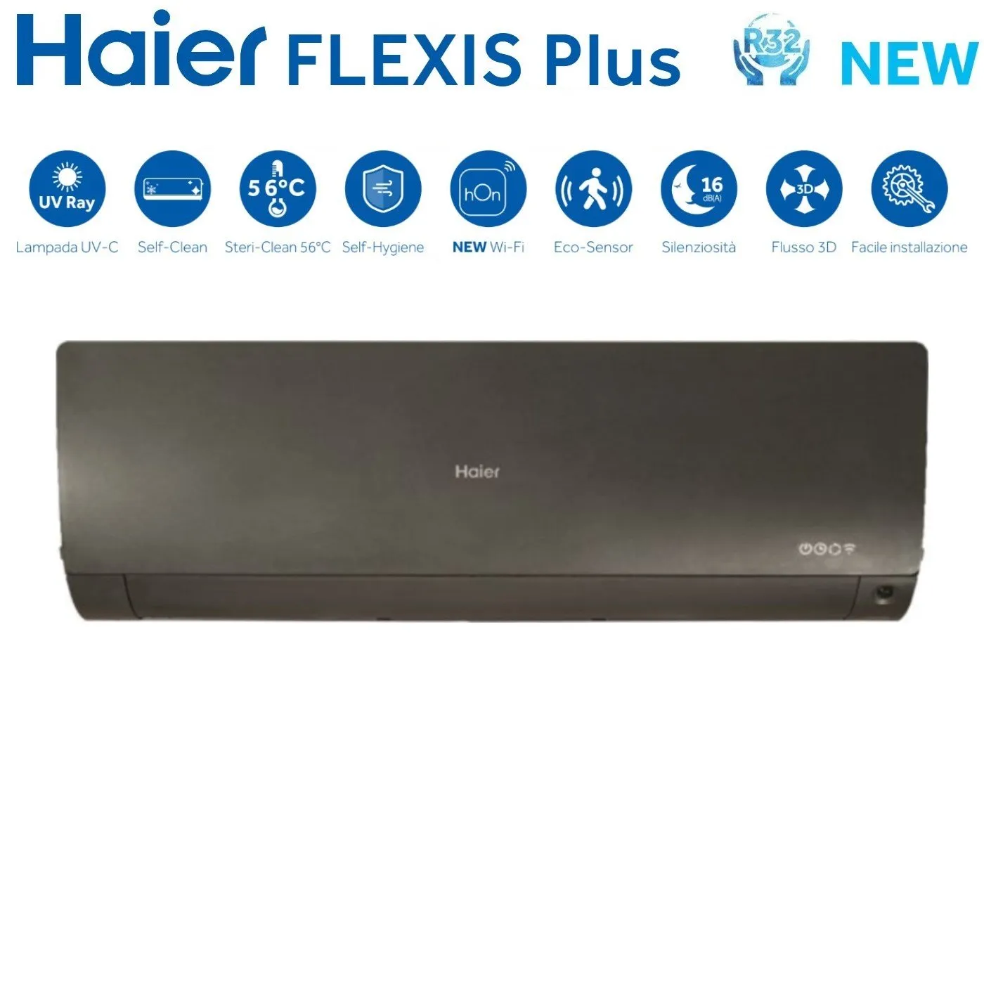 Climatizzatore Condizionatore Haier Quadri Split Inverter serie FLEXIS PLUS BLACK 7 9 12 18 con 4U75S2SR3FA R-32 Wi-Fi Integrato Colore Nero 7000 9000 12000 18000