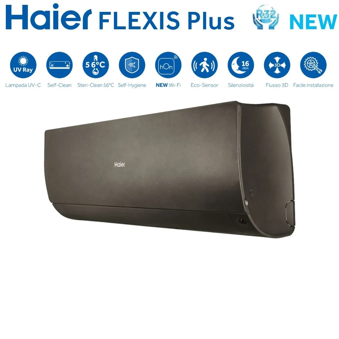 Climatizzatore Condizionatore Haier Quadri Split Inverter serie FLEXIS PLUS BLACK 7 9 12 18 con 4U75S2SR3FA R-32 Wi-Fi Integrato Colore Nero 7000 9000 12000 18000