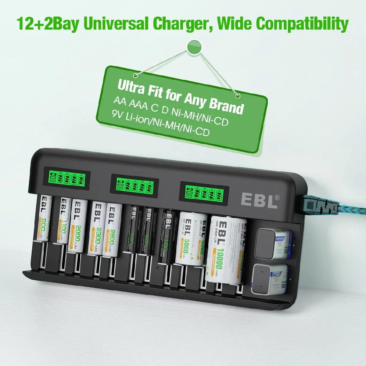 EBL 12 2 Bay Universal Battery Charger and 1.2V C D Ni-MH Rechargeable Batteries