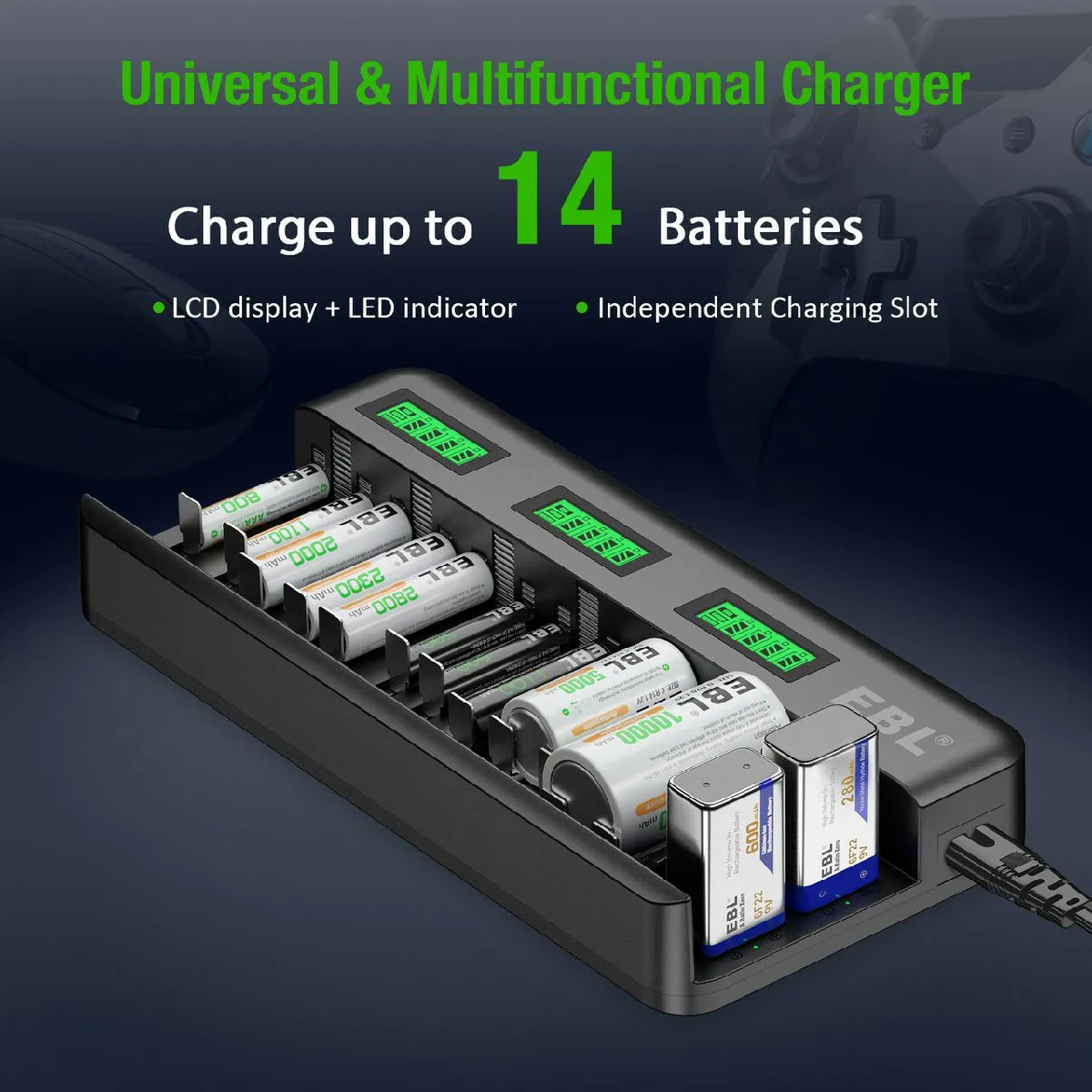 EBL 12 2 Bay Universal Battery Charger and 1.2V C D Ni-MH Rechargeable Batteries