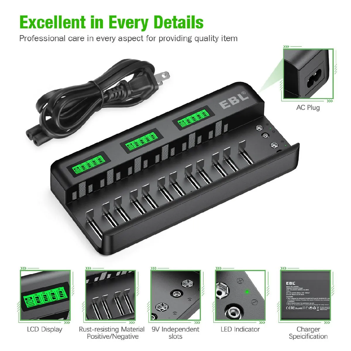 EBL 12 2 Bay Universal Battery Charger and 1.2V C D Ni-MH Rechargeable Batteries