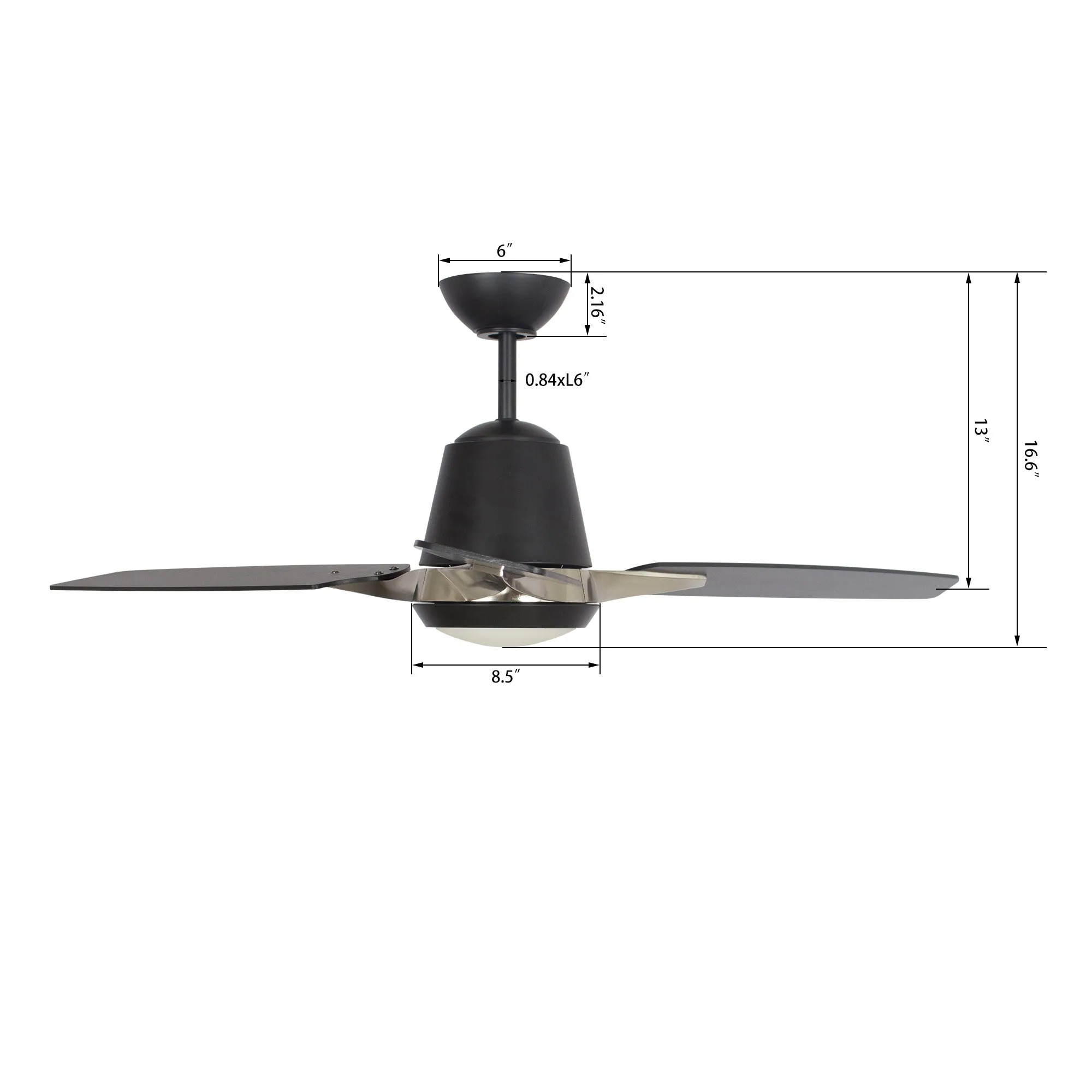 EUNOIA 52 inch 3-Blade Smart Ceiling Fan with LED Light Kit & Wall Switch - Brushed Nickel/Black