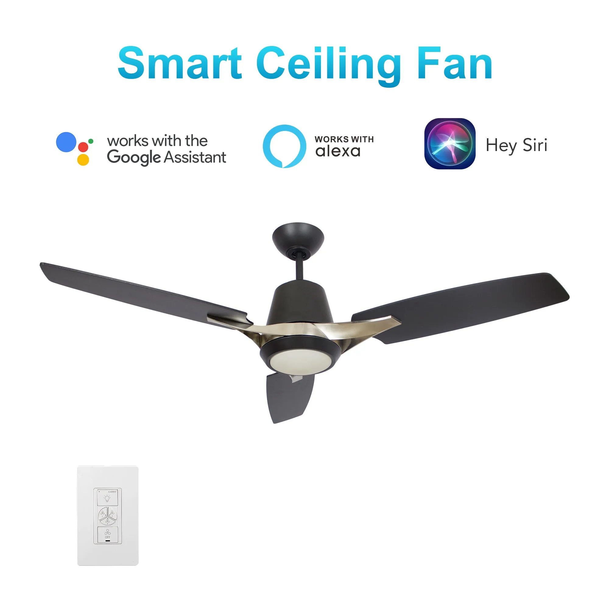 EUNOIA 52 inch 3-Blade Smart Ceiling Fan with LED Light Kit & Wall Switch - Brushed Nickel/Black