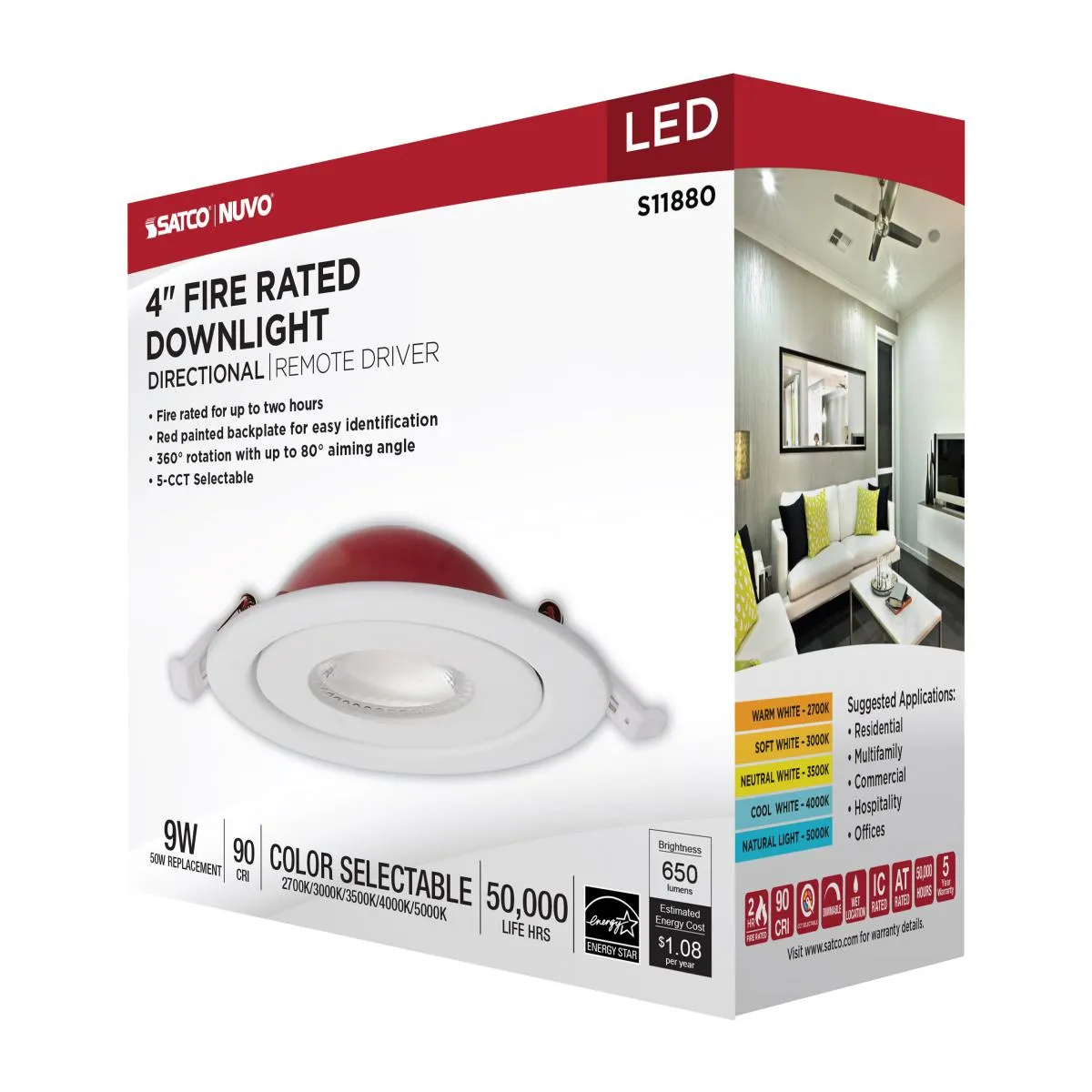 Fire Rated 4 Inch Canless LED Recessed Light, 650 Lumens, Selectable CCT, Adjustable Trim