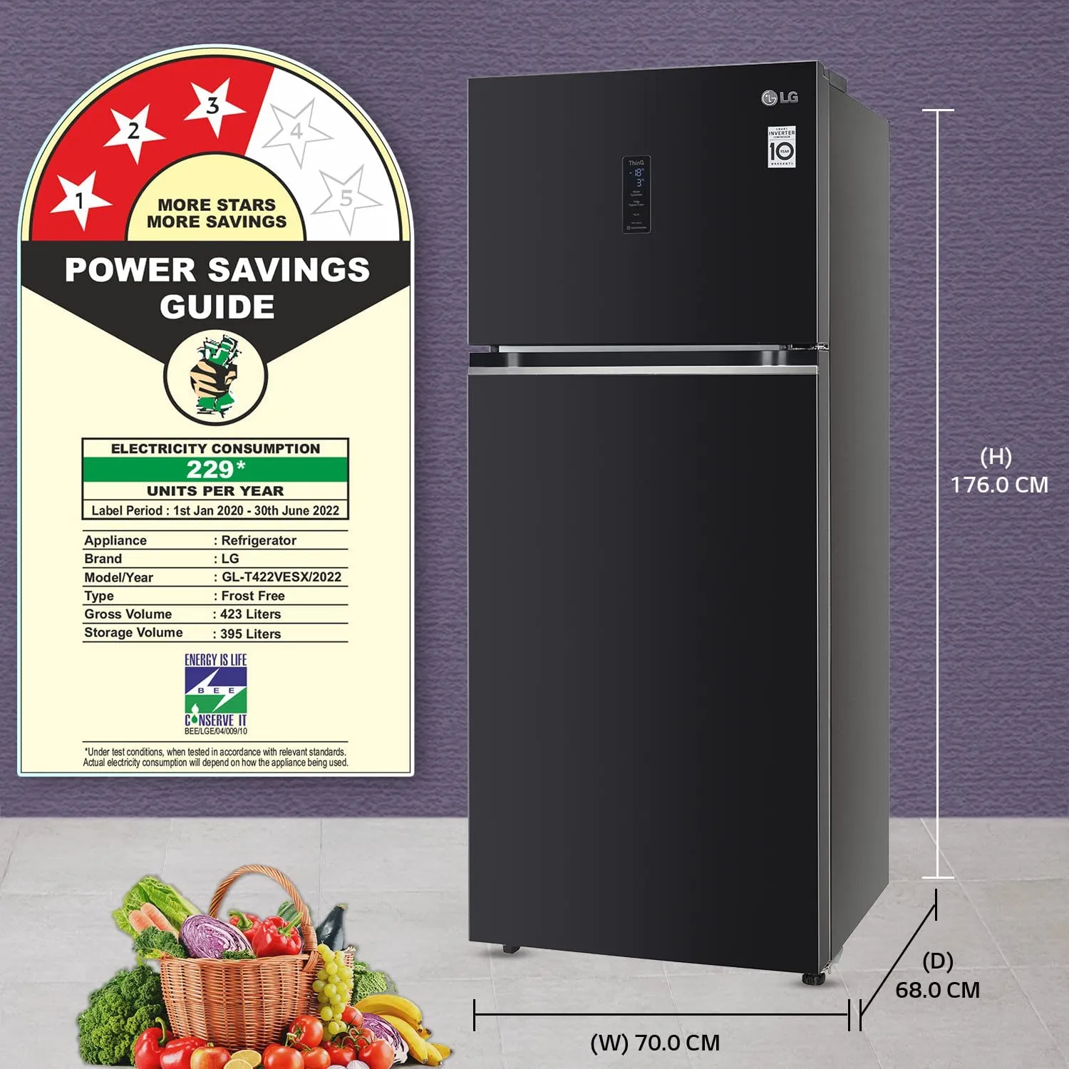 LG  GL-T422VESX 398 L 3 Star Frost-Free Smart Inverter Wi-Fi Double Door Refrigerator