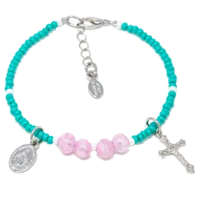 Pink and Teal Genuine Murano "Seed Bead" Bracelet with Sommerso Beads, Miraculous Medal and Crucifix