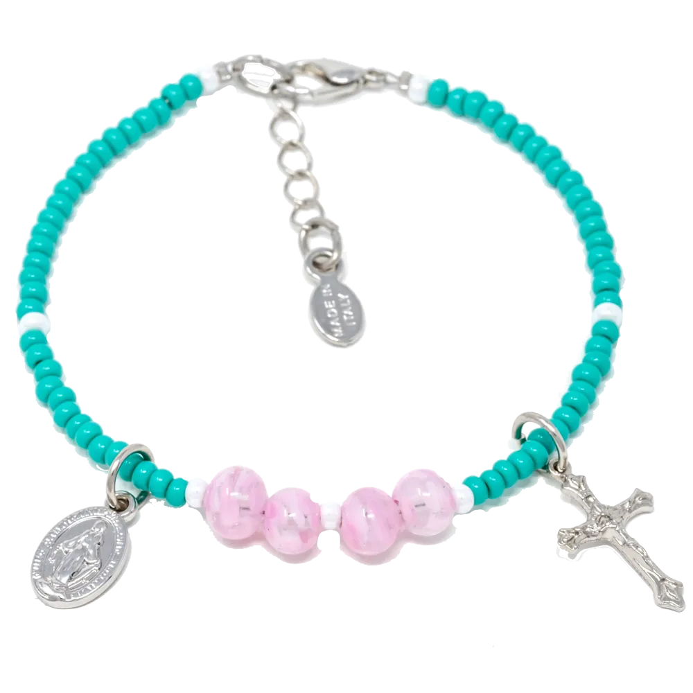 Pink and Teal Genuine Murano "Seed Bead" Bracelet with Sommerso Beads, Miraculous Medal and Crucifix