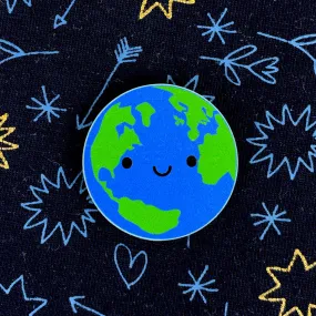 Planet Earth Kawaii Wooden Pin