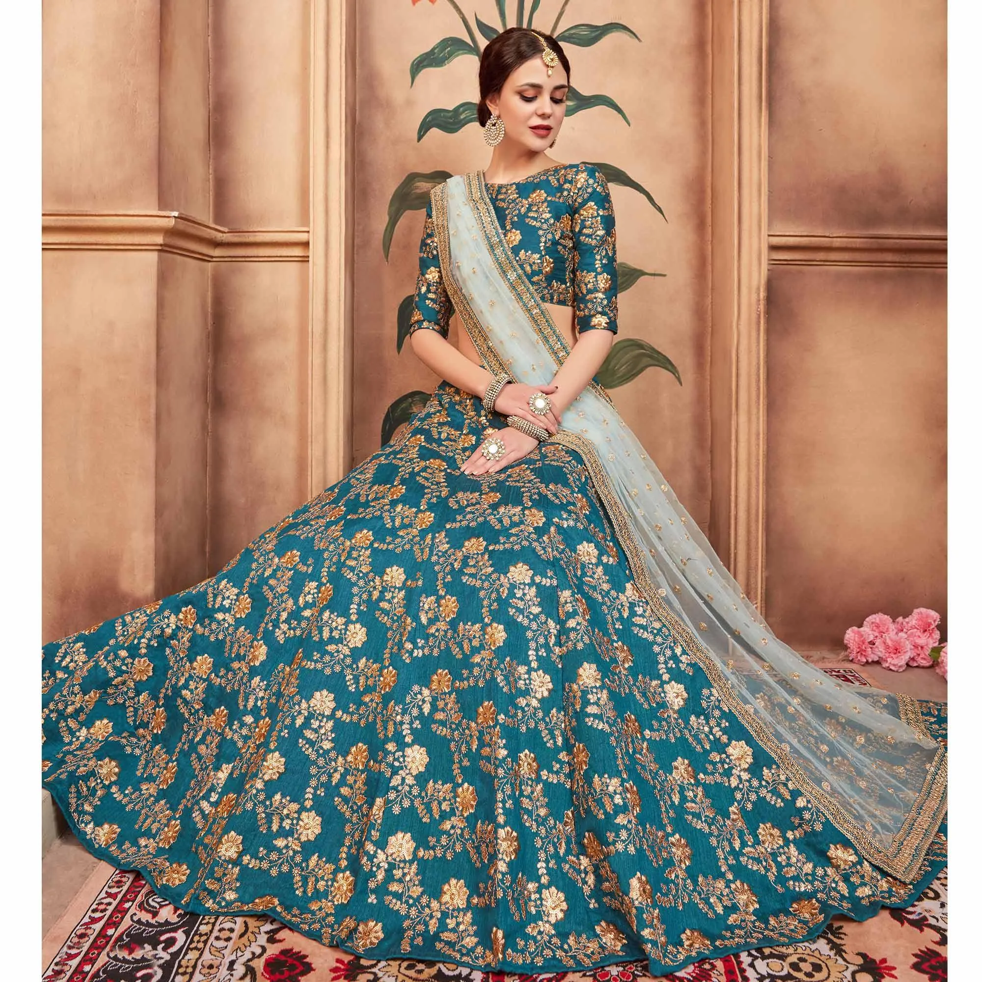 Rama Green Festive Wear Sequins Zari Work Art Silk Lehenga Choli