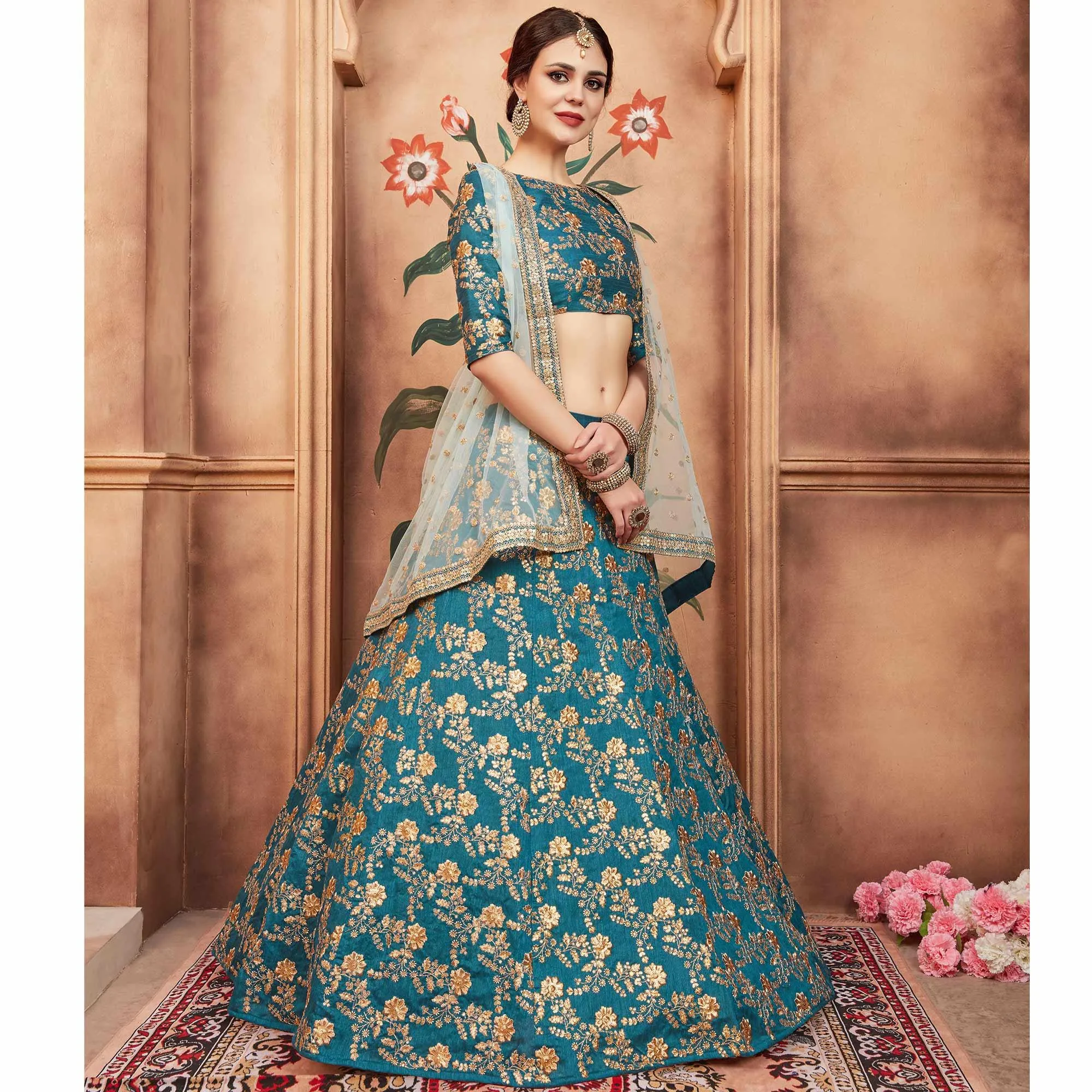 Rama Green Festive Wear Sequins Zari Work Art Silk Lehenga Choli