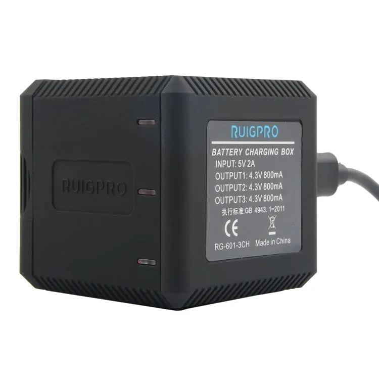 RUIGPRO USB Triple Batteries Housing Charger Box with USB Cable & LED Indicator Light for GoPro HERO6 /5(Black)