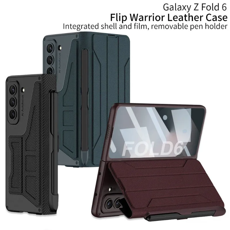 Warrior Leather Phone Case with Detachable Pen Holder Anti-drop Cover Bulit-in Screen For Samsung Galaxy Z Fold 6