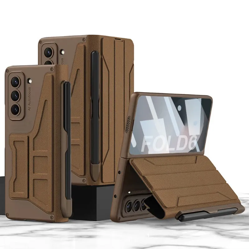 Warrior Leather Phone Case with Detachable Pen Holder Anti-drop Cover Bulit-in Screen For Samsung Galaxy Z Fold 6