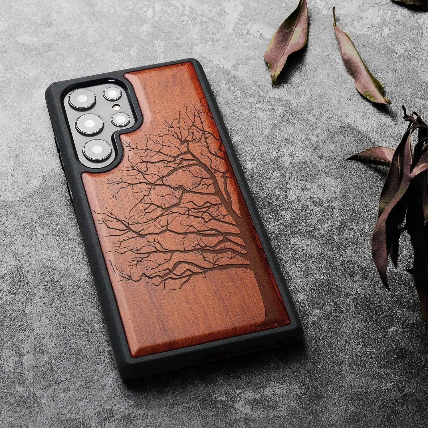 Wood Case for Galaxy S24 Ultra Case 2024 [Natural Wood & Black Soft TPU] Shockproof Protective Cover Unique Wooden Case Compatible with Samsung S24 Ultra (Eternal Tree-Red Wood)